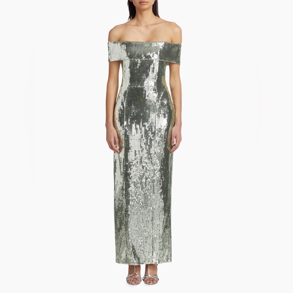Galvan London 'Glencoe' Sequined Off-The-Shoulder Gown in Seaglass - Picture 3 of 6